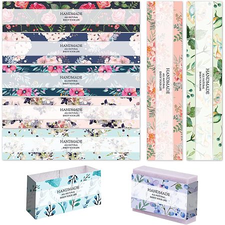 PandaHall Elite 90pcs Flower Wrap Tape, 9 Styles Rose Blossom Leaf Soap Paper Labels Crafts Wrapper Sleeves Covers Vertical Tags Soap Paper Tape Band for Handmade Soap Lotion Bars Bath Gift Wrapping