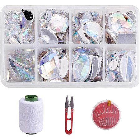 Arricraft 235 pcs 8 Styles Transparent Acrylic Sew on Rhinestones, Half Round/Octagon/Drop/Oval/Square Faceted Flatback Crystal Gems with Scissor Needle Cord for Clothing Wedding Dress Decoration
