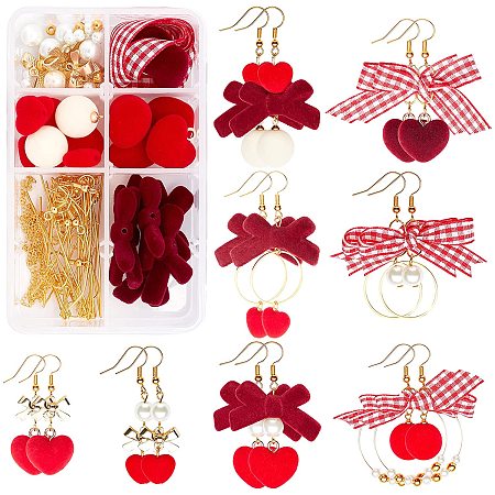 SUNNYCLUE 1 Box DIY 8 Pairs Red Heart Earring Making Kits Valentine's Day Gingham Gatin Ribbon Flocky Acrylic Beads Pendants with Glass Pearl Beads & Earring Hooks for Handmade Earrings Beginner