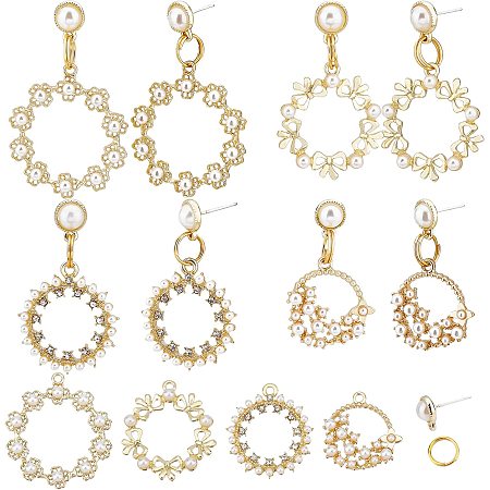 SUNNYCLUE 1 Box DIY 4 Pairs Hollow Charms Imitation Pearl Earrings Making Kit Pearl Beads for Jewelry Making Bridal Earrings Studs Wedding Bride Wreath Earrings Jewelry Supplies Women Party Craft