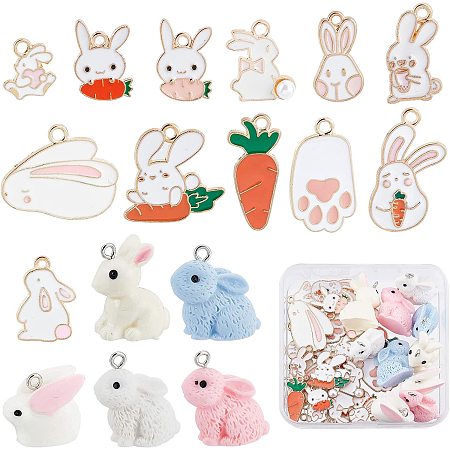 SUNNYCLUE 1 Box 17 Styles 34Pcs Easter Charm Bunny Charms Bulk Alloy Enamel Resin Rabbit Carrot Charm Cartoon Metal Dangle Charms for Jewelry Making Charms DIY Bracelet Necklace Earring Craft Women