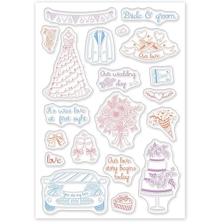 GLOBLELAND Wedding Pattern Silicone Clear Stamps with Wedding Dress and Flower Style for Card Making DIY Scrapbooking Photo Album Decorative Paper Craft,6.3x4.3Inch