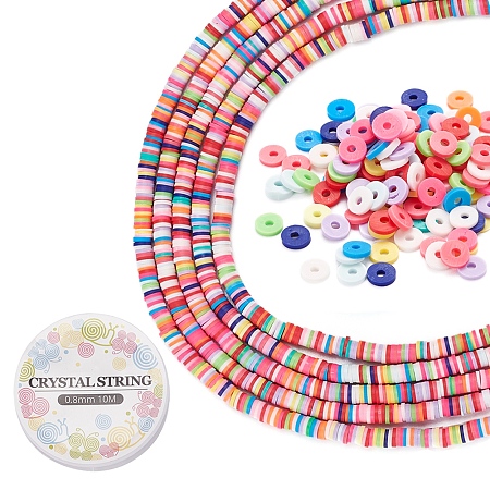 DIY Bracelet Making Kits, with Disc Eco-Friendly Handmade Polymer Clay Beads Strands and Elastic Crystal Thread, Mixed Color, 6x1mm, Hole: 2mm, about 380~400pcs/strand, 17.7 inch, 5 Strands
