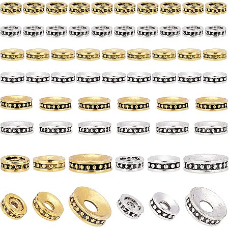 PandaHall Elite 120pcs Flat Spacer Beads, 6 Style Tibetan Antique Jewelry Beads Alloy Loose Beads Spacers Craft Metal Beads for Bracelet Necklace Earring Jewelry Making Supplies