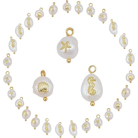 SUNNYCLUE 1 Box 30Pcs Pearl Bead Charms 3 Styles White Pearls Sea Horse Shell Starfish Baroque Style Alloy Pendants for Jewelry Making Charms Bracelets Supplies Findings, Gold Plated