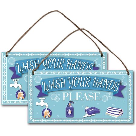 NBEADS 2 Sets Wash Your Hands Please Wood Sign Decor with Hanging Jute Twine, Hanging Bathroom Sign Decorative Wood Sign Bathroom Wall Art for Bathroom Decor Home Decor-11-4/5×5-9/10