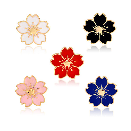 Creative Zinc Alloy Brooches, Enamel Lapel Pin, with Iron Butterfly Clutches or Rubber Clutches, Sakura Flower, Golden, Mixed Color, 17x18mm; Pin: 1mm, 5pcs/set