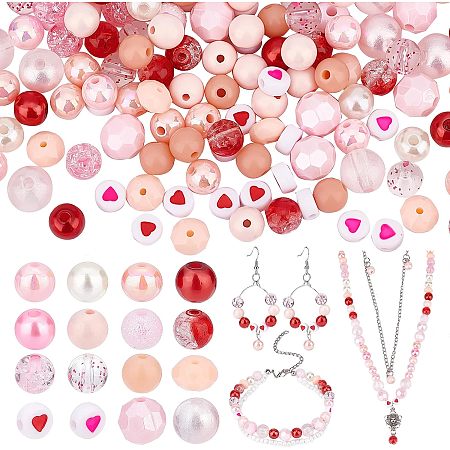 PandaHall Elite 480pcs Pink Acrylic Beads, 16 Style 6mm 8mm 10mm Transparent Crackle Bead Round Loose Beads Spacers Flat Round Heart Beads for Valentine Boho Bracelets Necklaces Jewelry Making Christmas