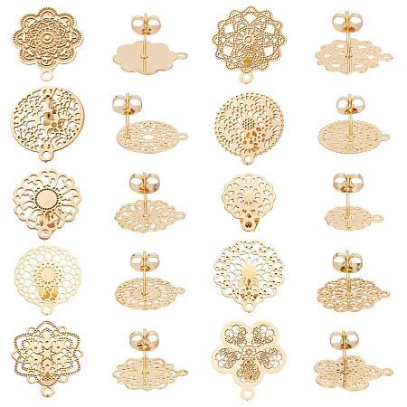 Unicraftale 20Pcs 10 Style 304 Stainless Steel Stud Earrings Finding, with Horizontal Loops, Hollow Out Flower, Golden, 13~18x10.5~15.5mm, Hole: 1.2mm, Pin: 0.85mm, 2Pcs/style