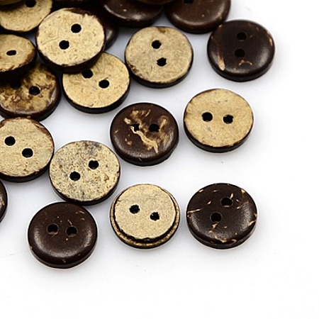 Honeyhandy Coconut Buttons, 2-Hole, Flat Round, Coconut Brown, 11x3mm, Hole: 1mm