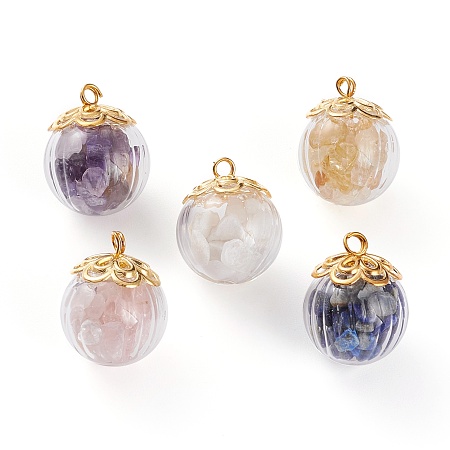 Natural Mixed Gemstone Chip Pendants, with Golden Plated Alloy Bead Caps, Brass Ball Head pins and Glass Globe Bottles, Round, 20x16.5mm, Hole: 2mm