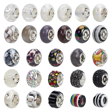 NBEADS Acrylic & Resin & Polymer Clay Rhinestone European Beads, Large Hole Beads, with Silver Color Core, Rondelle, Mixed Color, Beads: 13.5~14x8~10mm, Hole: 5mm, 54pcs/bag; 1bag/box