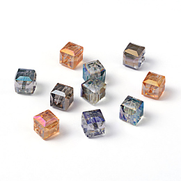 Honeyhandy Faceted Cube Electorplated Glass Beads, Rainbow Plated, Mixed Color, 9x9x9mm, Hole: 1mm