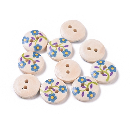 Honeyhandy Painted 2-hole Sewing Button with Lovely Broken Flowers, Wooden Buttons, Floral White, 15mm in diameter