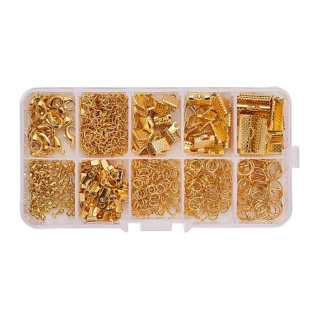 PandaHall Elite About 440Pcs Jewelry Findings Sets with Fold Over Crimp Ends Ribbon Ends Twist Chains and Brass Lobster Claw Clasps