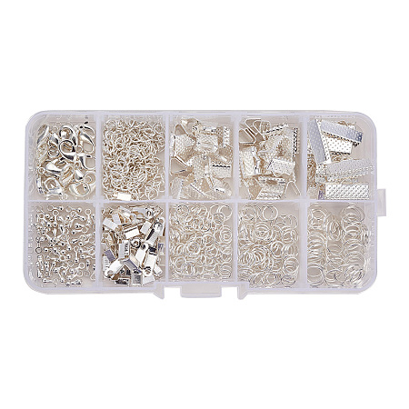 PandaHall Elite About 440Pcs Silver Jewelry Findings Sets with Fold Over Crimp Ends Ribbon Ends Twist Chains and Brass Lobster Claw Clasps