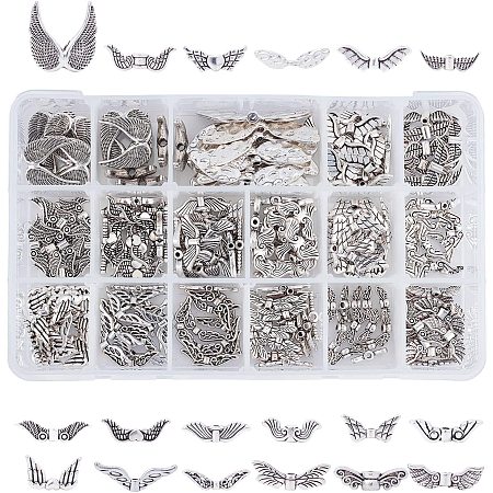 PandaHall Elite About 270 Pcs Tibetan Alloy Angel Wing Charm Spacer Beads 18 Styles for Jewelry Making Antique Silver