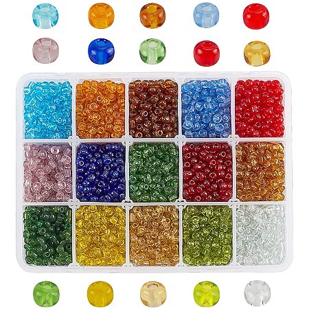 PandaHall Elite About 3300pcs 15 Color 6/0 Transparent Glass Seed Beads 4mm Seed Beads with Container Box for Jewelry Making