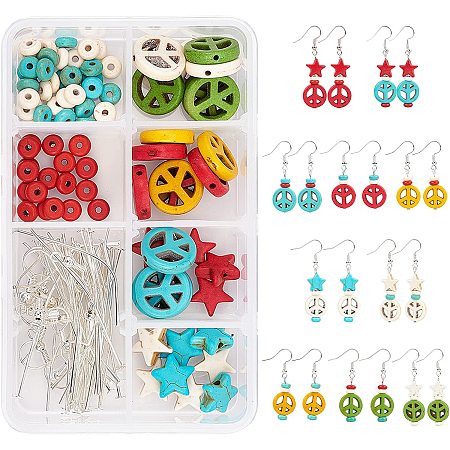 SUNNYCLUE DIY Peace Theme Earring Making Kits, Include Peace Sign & Star & Rondelle Synthetic Turquoise Beads, Iron Flat Head Pins, Brass Earring Hooks, Mixed Color, Total: 152pcs/box