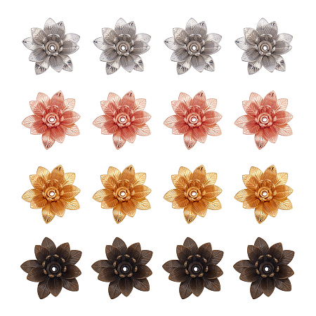 3D Brass Bead Caps, Flower, Multi-Petal, Mixed Color, Tray: 5mm, 16x6.5mm, Hole: 0.8mm, 4 colors, 16pcs/color, 64pcs/box