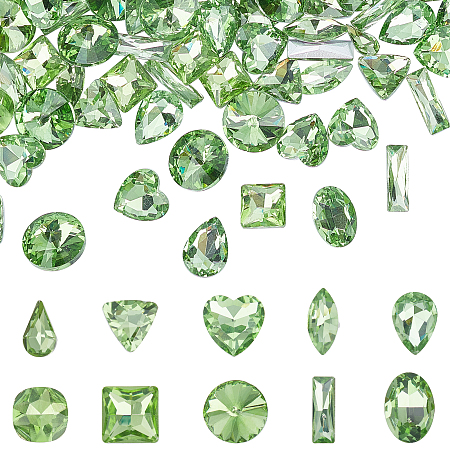 GORGECRAFT Pointed Back Glass Rhinestone Cabochons, Faceted, Mixed Shapes, Peridot, 100pcs/box