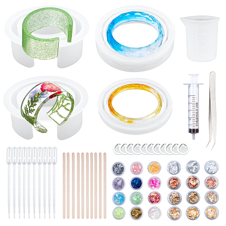 Olycraft DIY Bangle Silicone Mold Kits, Resin Casting Molds, with Nail Art Sequins/Paillette, Birch Wooden Craft Ice Cream Sticks, 100ml Measuring Cup and Beading Tweezers, Clear, 4pcs/set