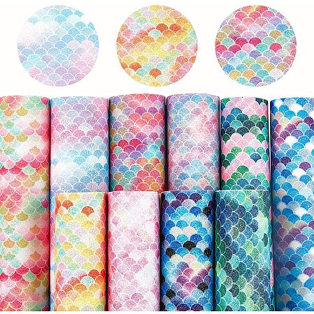 Mermaid Fish Scale Pattern PU Leather Fabric, Self-adhesive Fabric, for Bows Earrings Hair Accessories Bag Making DIY Crafts, Mixed Color, 30x20x0.1cm; 10 colors, 1sheet/color, 10sheets/set