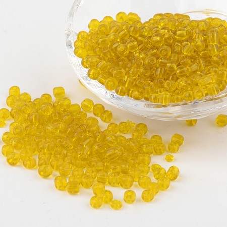 Honeyhandy 6/0 Glass Seed Beads, Transparent, Round, Yellow, 4mm, hole: 1.5mm, about 496pcs/50g