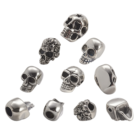 Unicraftale 304 Stainless Steel Beads, Skull, Antique Silver, 14~20x9~13x8.5~13mm, Hole: 1.5~6mm; 10pcs/box