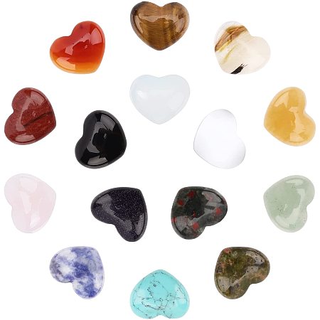 SUNNYCLUE Gemstone Cabochons, Heart, 15x18x6mm; 15 materials, 1pc/material, 15pcs/box