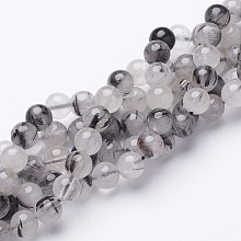 Arricraft Natural Black Rutilated Quartz Beads Strands, Round, 6mm, Hole: 1mm, 31pcs/strand, 8 inches