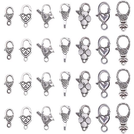PandaHall Elite 56pcs 7 Style Lobster Claw Clasps Tibetan Antique Silver Heart Flower Jewelry Clasps for Bracelet Necklace Jewelry Making