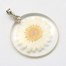 Honeyhandy Alloy Resin Pendants, Flat Round, with Dried Flower inside, Platinum, Floral White, 32~32.5x4~4.5mm, Hole: 4x4mm