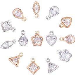 PandaHall Elite 70 pcs 2 Colors 8 Shapes Cubic Zirconia Alloy Heart/Flower/Horse Eye/Star/Triangle Shape Charms Sets for Jewelry Making, Golden/Silver