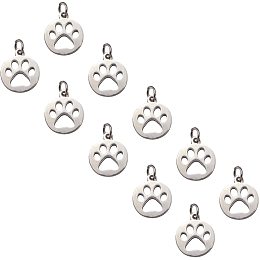 Unicraftale 304 Stainless Steel Pendants, Flat Round with Dog Paw Prints, Stainless Steel Color, 14x12x1.1mm, Hole: 4mm; 20pcs/box