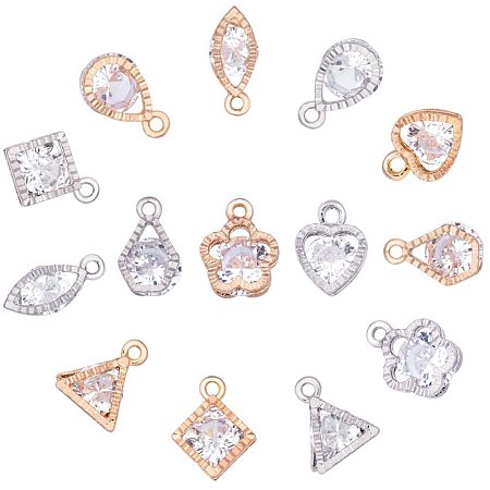 PandaHall Elite 70 pcs 2 Colors 8 Shapes Cubic Zirconia Alloy Heart/Flower/Horse Eye/Star/Triangle Shape Charms Sets for Jewelry Making, Golden/Silver