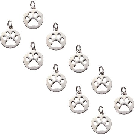 Unicraftale 304 Stainless Steel Pendants, Flat Round with Dog Paw Prints, Stainless Steel Color, 14x12x1.1mm, Hole: 4mm; 20pcs/box