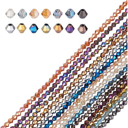 Electroplate Glass Bead Strands, Rainbow Plated, Faceted Bicone, Mixed Color, 4x4.5mm, Hole: 1mm; about 104pcs/strand, 18 inches; 14strands/set