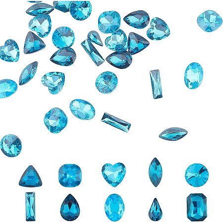GORGECRAFT Pointed Back Glass Rhinestone Cabochons, Faceted, Mixed Shapes, Capri Blue, 100pcs/box