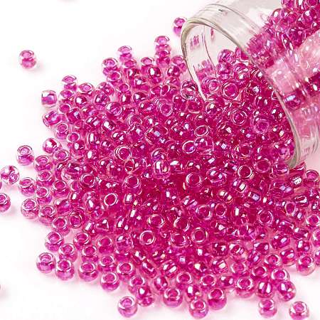 TOHO Round Seed Beads, Japanese Seed Beads, (785) Hot Pink Lined Crystal Rainbow, 8/0, 3mm, Hole: 1mm, about 222pcs/10g