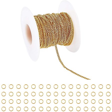 ARRICRAFT Brass Curb Chains, Twisted Chains, Diamond Cut Chains, Soldered, Long-Lasting Plated, Real 18K Gold Plated, with Spool, Golden, Chains: 5m/roll, 1roll/set; Rings: 60pcs/set