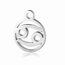 Honeyhandy 201 Stainless Steel Charms, Flat Round with Constellation, Stainless Steel Color, Cancer, 13.4x10.8x1mm, Hole: 1.5mm