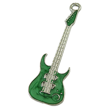 Honeyhandy Alloy Enamel Big Pendants, Lead Free and Cadmium Free, Guitar, Platinum, Green, about 62mm long, 18.5mm wide, 2mm, thick, hole: 3mm