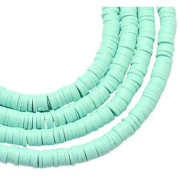 NBEADS 10 Strands Handmade Flat Round Polymer Clay Bead Spacer Beads for DIY Jewelry Making, 4x1mm, Hole: 1mm, About 380pcs/strand, Aquamarine