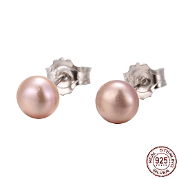 Honeyhandy Valentine Presents for Her 925 Sterling Silver Ball Stud Earrings, with Pearl Beads, Pink, 16x4.5mm, Pin: 0.6mm