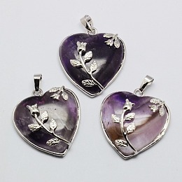 Honeyhandy Heart Natural Amethyst Pendants, with Platinum Plated Brass Pendant Settings, 36x31~33mm, Hole: 6mm