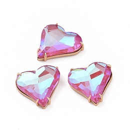 Brass Cubic Zirconia Pendants, Heart Charm, Light Gold, Hot Pink, 27x26x7mm, Hole: 2mm