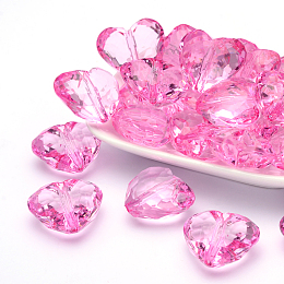 Honeyhandy Transparent Acrylic Beads, Faceted Heart, Hot Pink, about 25mm long, 28.5mm wide, 16mm thick, hole: 3mm, about 88pcs/500g