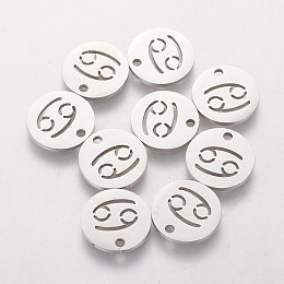 Honeyhandy 304 Stainless Steel Charms, Flat Round with Constellation/Zodiac Sign, Cancer, 12x1mm, Hole: 1.5mm