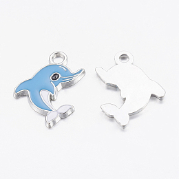 Honeyhandy Alloy Enamel Pendants, Cadmium Free & Lead Free, Dolphin, Platinum, Deep Sky Blue, about 26.5mm long, 20mm wide, 2mm thick, hole: 2.5mm